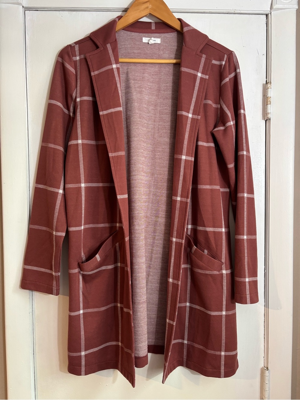 Maurice’s Long Open-Front Windowpane Cardigan Jacket - Rust Red